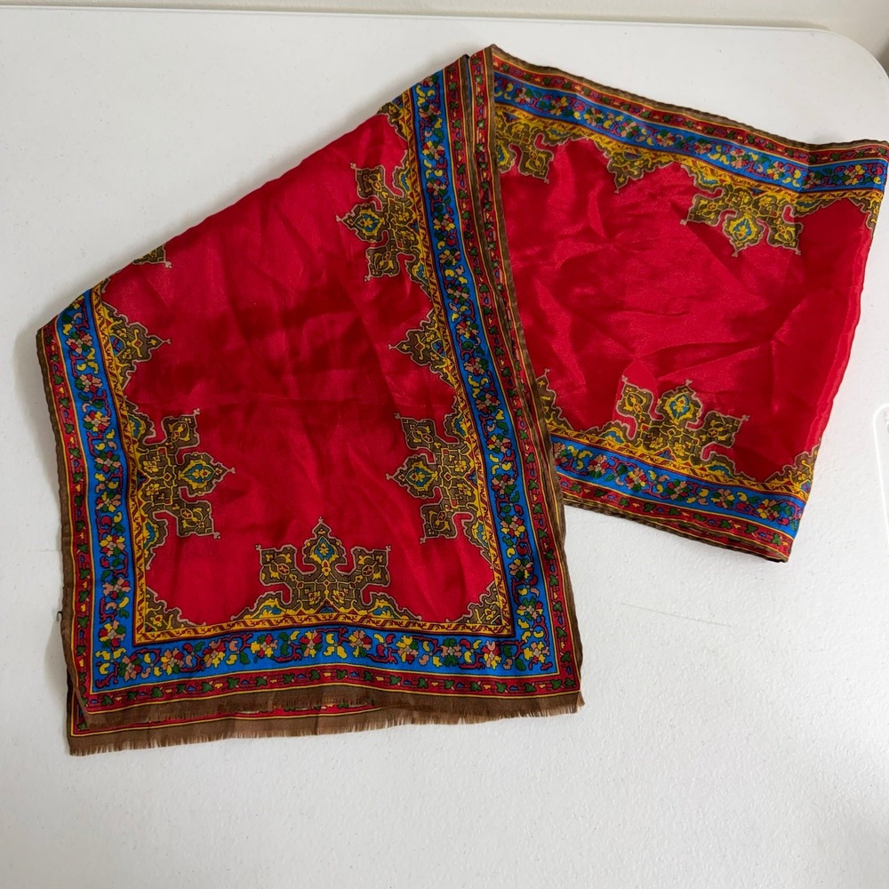 Women's red multicolor patterned lightweight fringe scarf fashion accessories